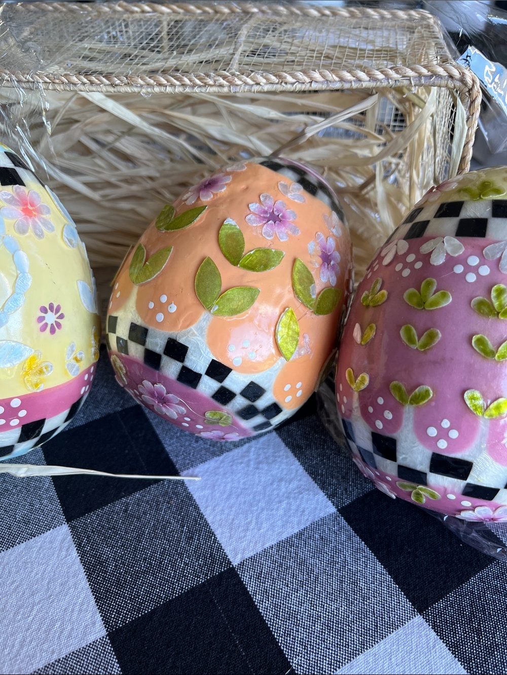 Mackenzie Childs set of 3 eggs! AS IS! Pretty with some issues.  Comes in basket